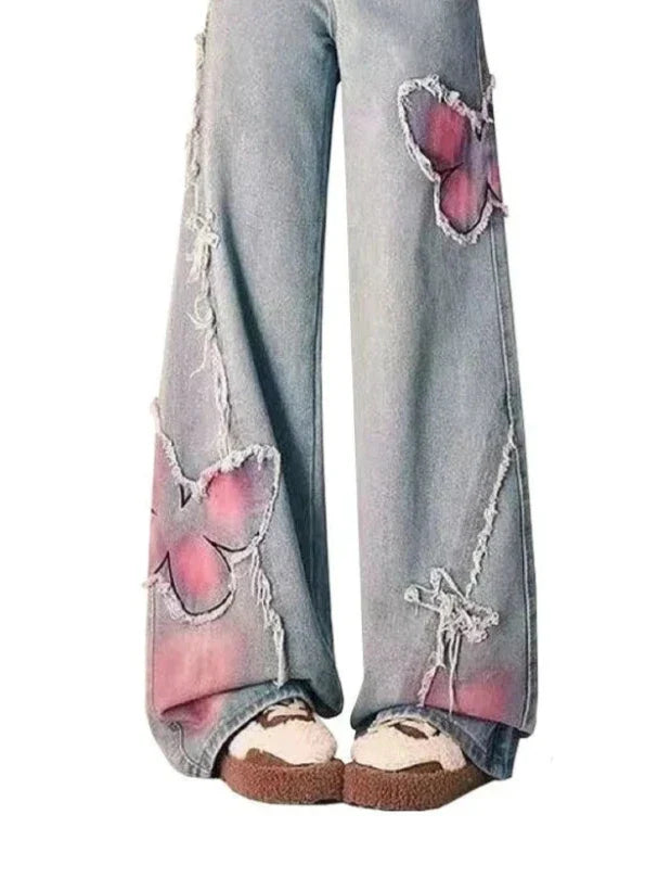 Raw Vibes Distressed Wide-Leg Jeans - Artistic Pink Patch Design