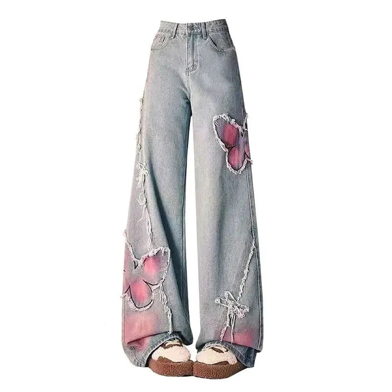 Raw Vibes Distressed Wide-Leg Jeans - Artistic Pink Patch Design