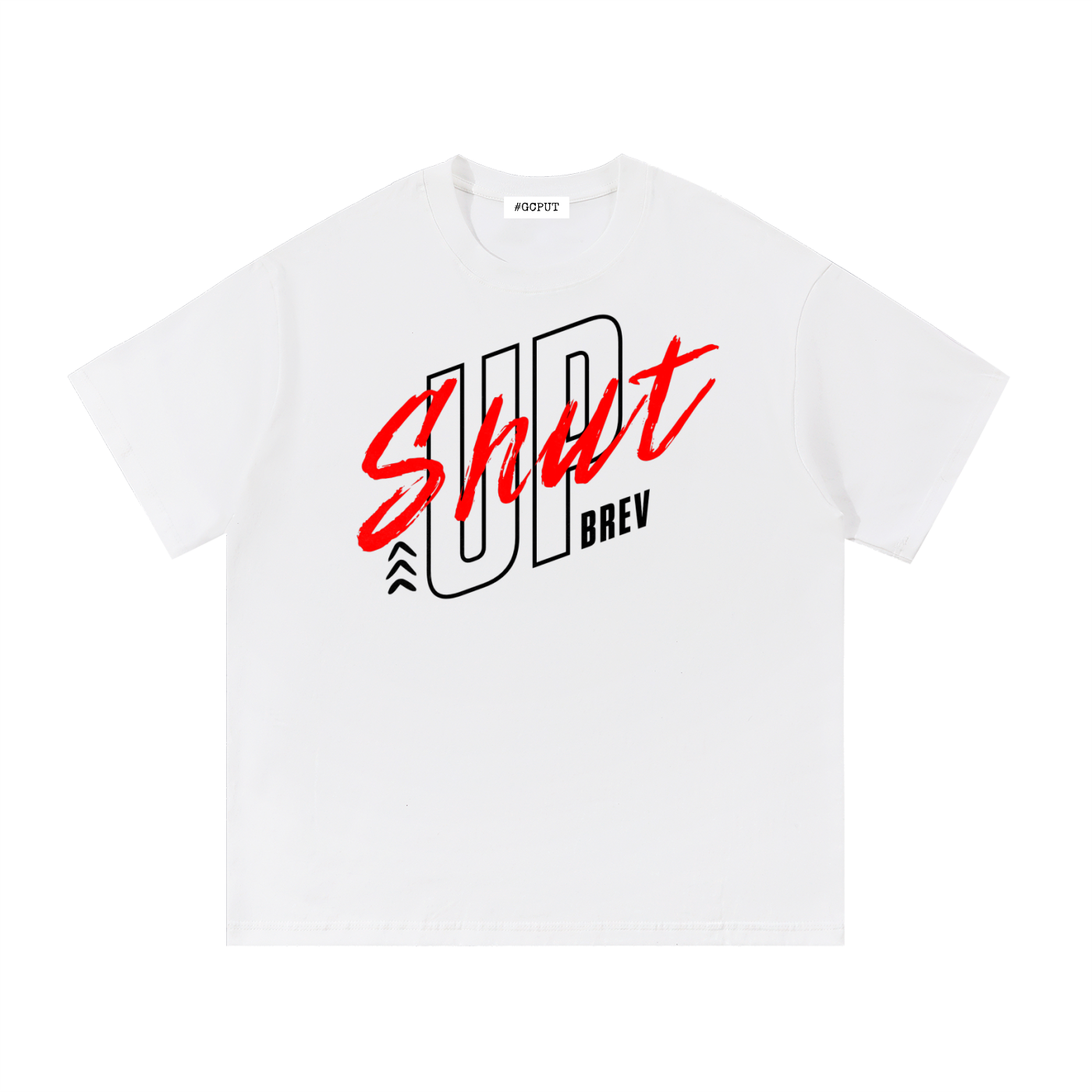 White t-shirt with red and black text design on a white background